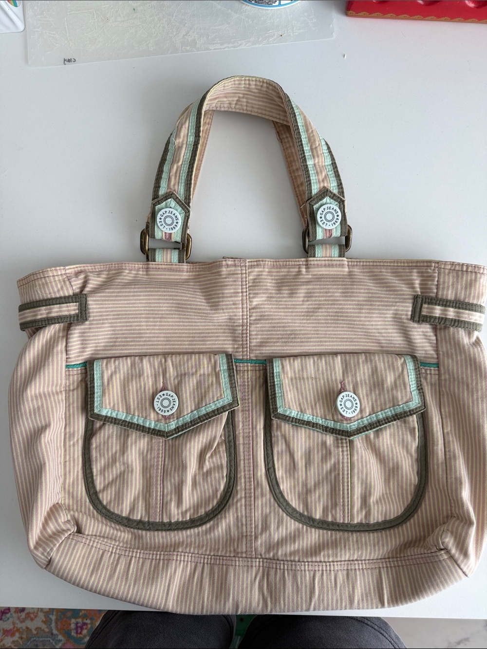 GAP - Spring ‘05 - Striped Beige - Yellow - Canvas Tote Bag - Turquoise Inner